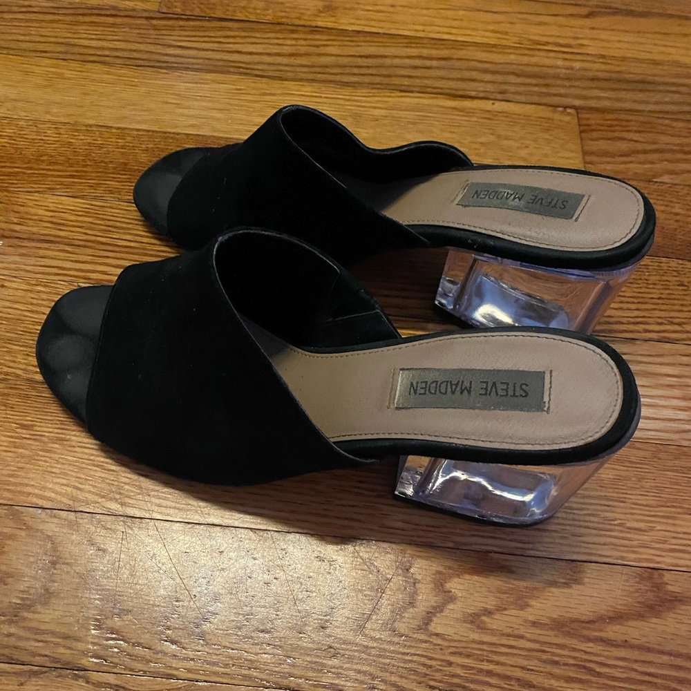 Black suede mules with clear heel